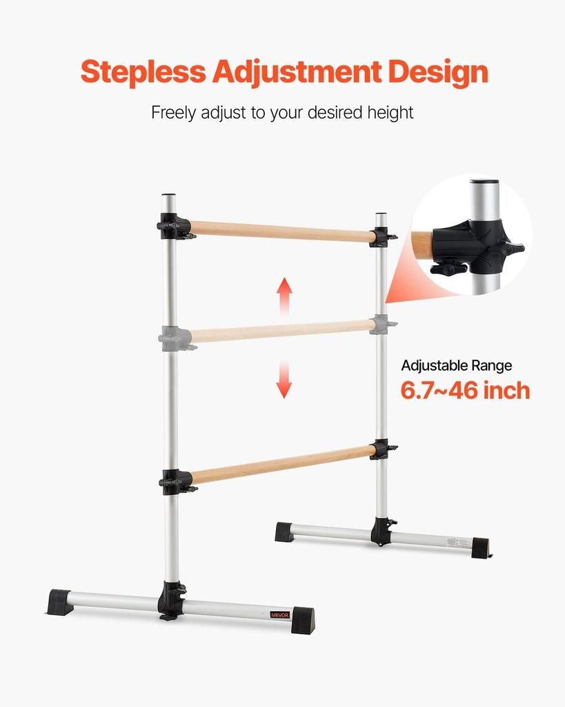 Ballet Barre, Double Beechwood Barre Bar for Home, Freestanding Portable Ballet Stretching Dance Bars, Height Adjustable Anti-Wobble Fitness Gym