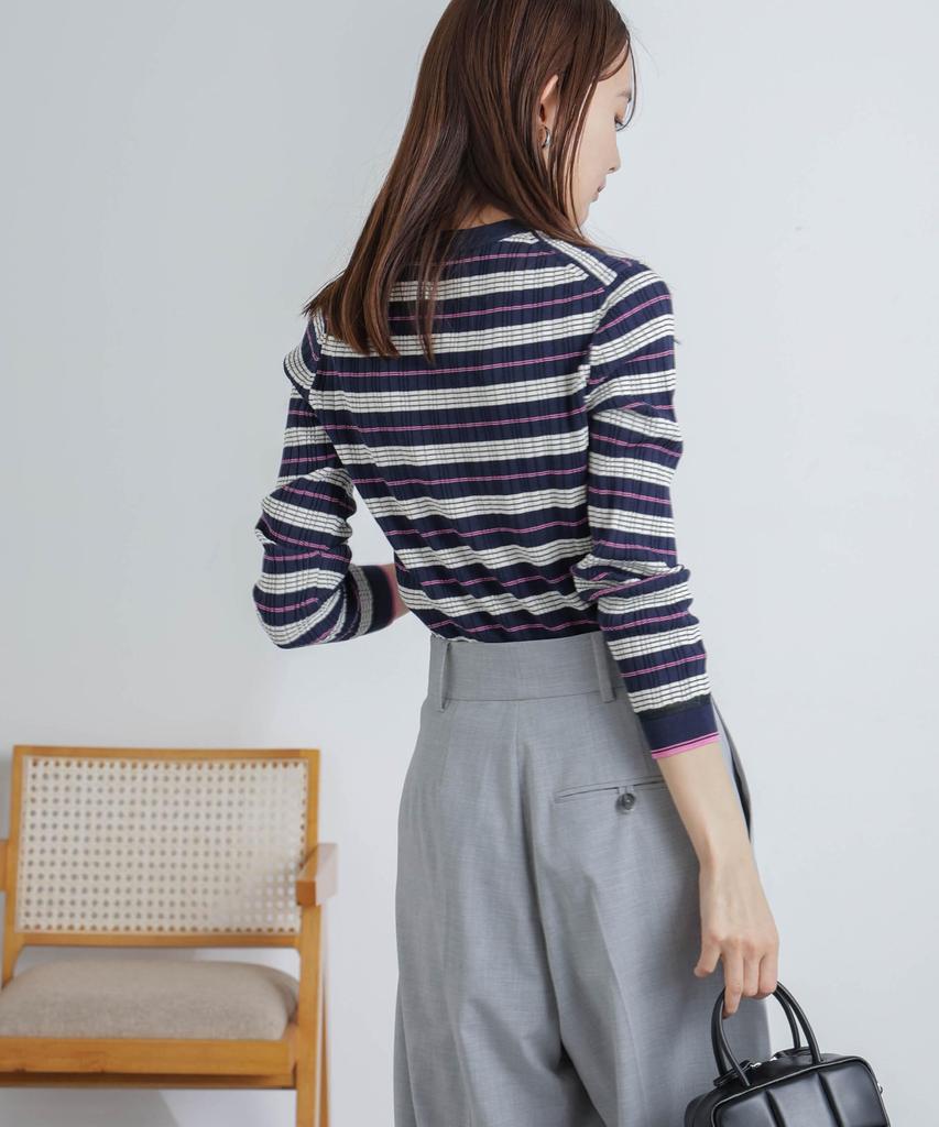 Nano Universe Random Rib Border Knit Top be paired with other Medium Navy (Can items)