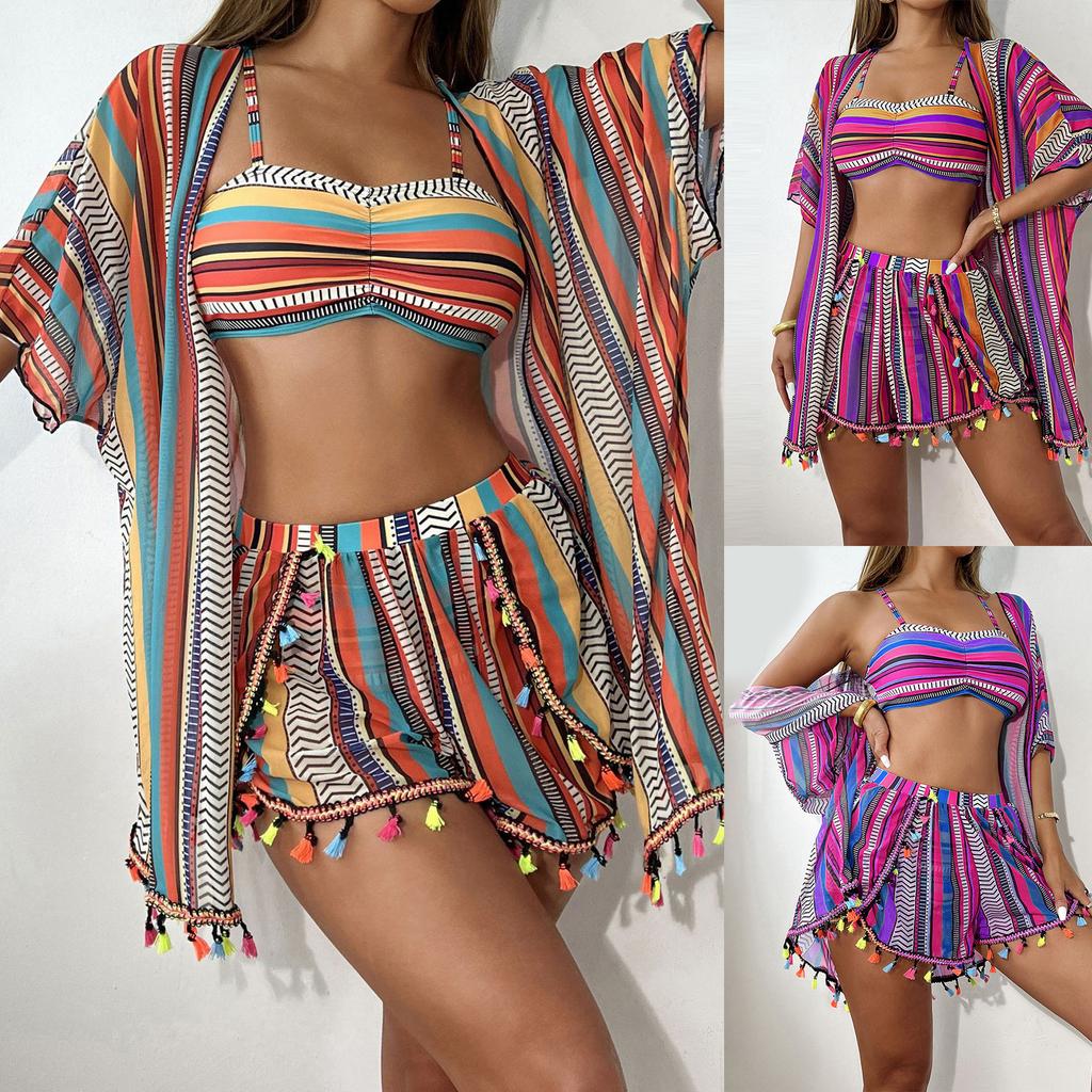 Set Bikini Sexy Trendy a 4 Pezzi con Laccetto da Collo Stampato e Spacco