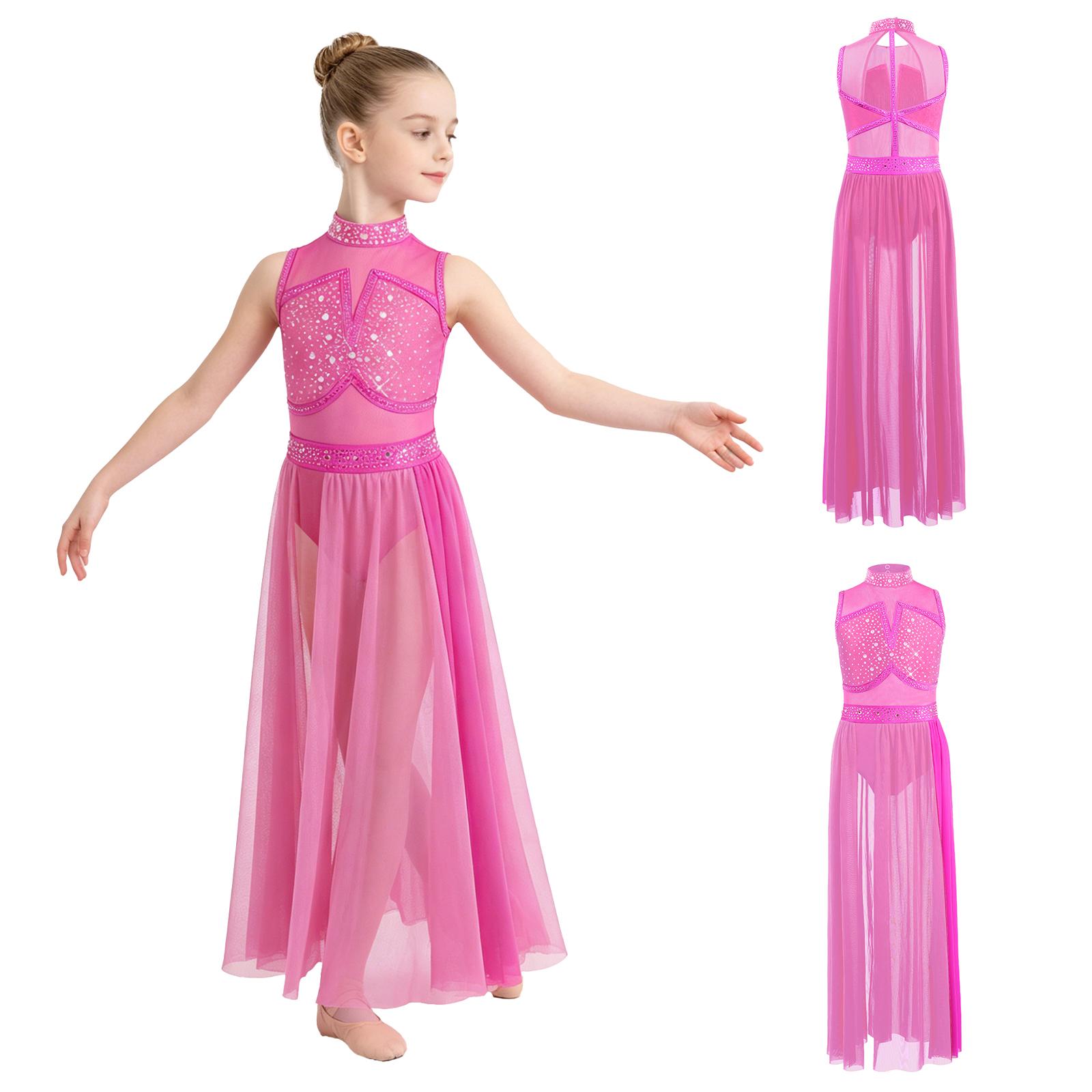 Kinder Glitzer Strass Farbblock Lyrisches Kleid Ärmellos Rückenausschnitt Schlitz Netz Langes Kleid mit angehefteten Shorts für Bühnenauftritt 5-6 Years rosa