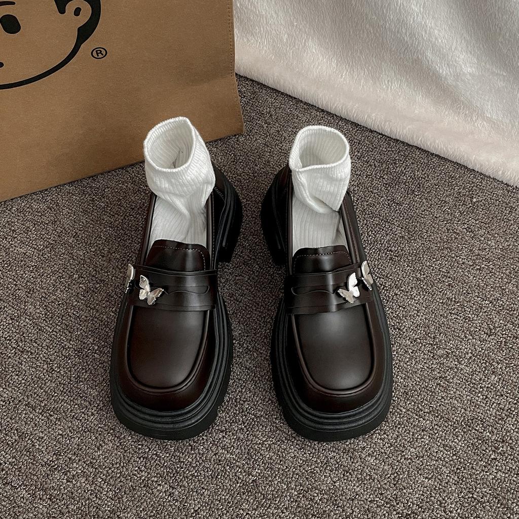 Black retro small man thick-soled heightening small leather shoes women's 2025 new summer British style with skirt loafers