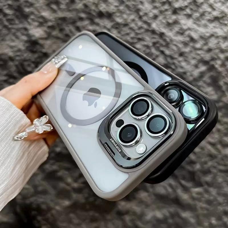 With Camera Glass Metal Lens Bracket Acrylic Clear Cover Magnetic Transparent Phone Case for Iphone 13 14 15 16 17Pro Max Cases