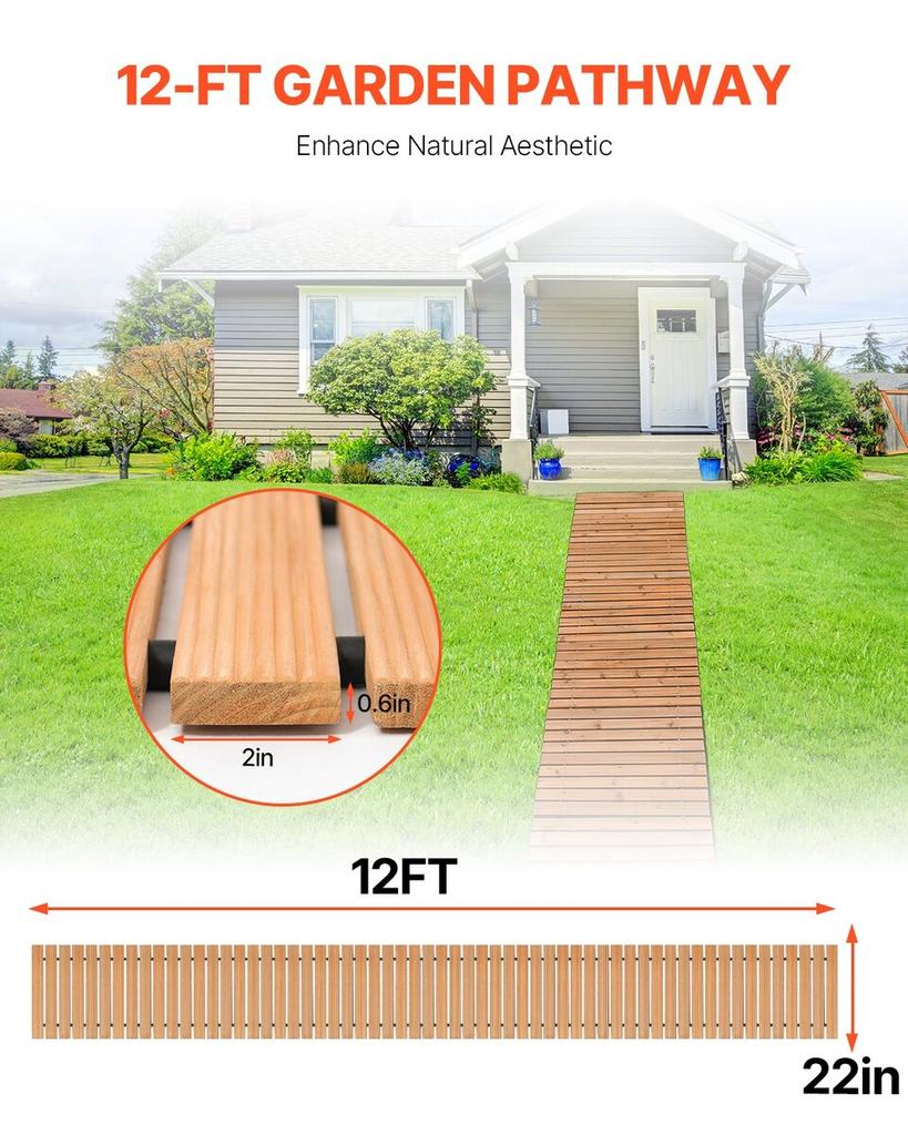 Wooden Garden Pathway, 12 Ft L X 22 In W, Non-Slip Straight Garden Walkway, Roll Out Cedar Outdoor Walkway Path with Wire Rope Connection, Decorative