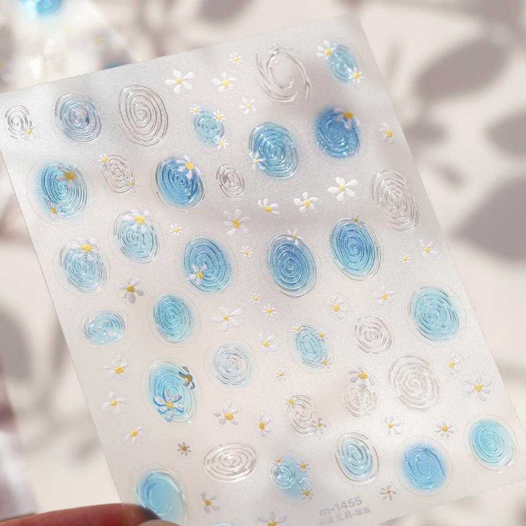 5D Ocean Nail Art Stickers Blue Water Wave Daisy Spiral Pattern Self-adhesive Seaside Nail Decal DIY Manicure Decoration
