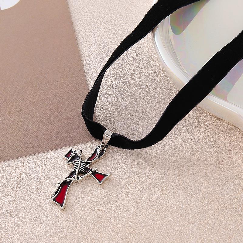 Alloy Gothic Skull Cross Necklace with Ribbon Pendant: Electroplated for a Unique Halloween Style