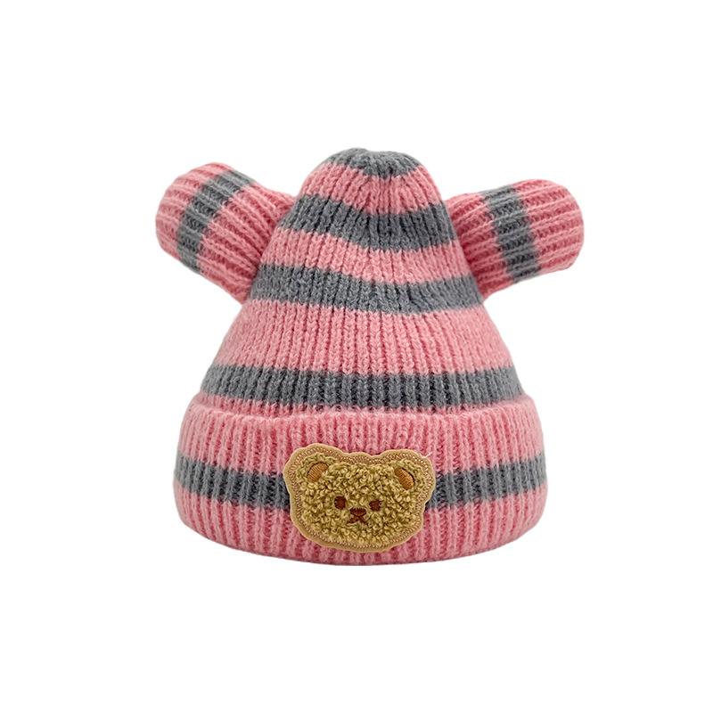 

New striped children s knitted hat winter warm bear wool hat cute wool baby warm hat 0~ 2 years old (42~ 45m)