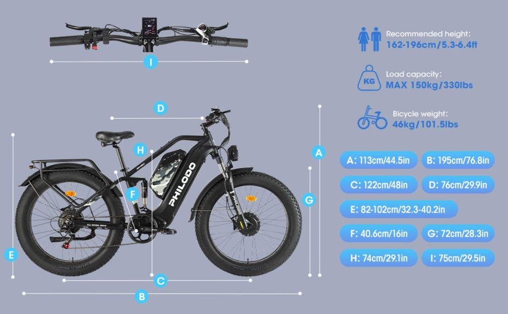Electric bicycle PHILODO JUMBO, 3000W motor, 48V 23Ah battery, top speed 56 km/h, cruising range 150km, 26x4.0 inch tires
