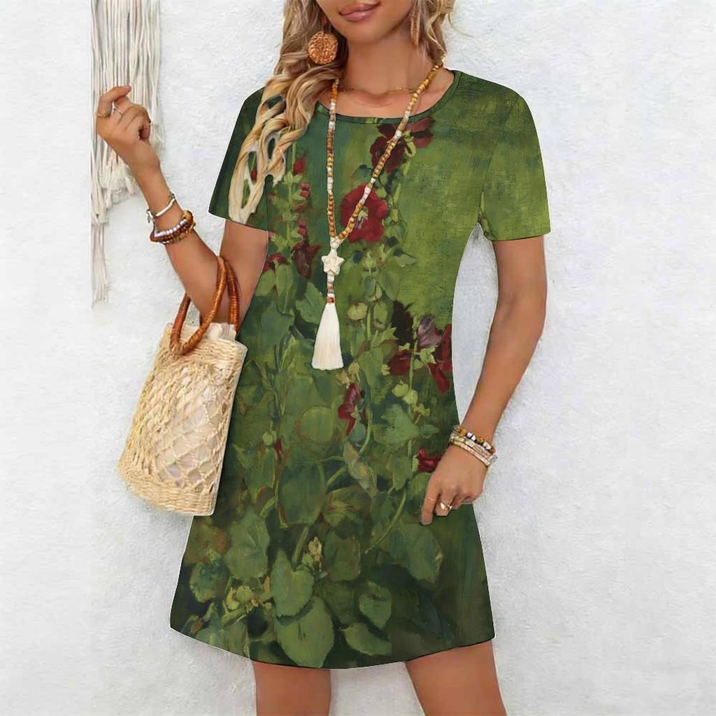 Moda Donna Graziosi Bellissimi Abiti Casual Estivi Primaverili a Manica Corta con Scollo a O e Stampa Floreale