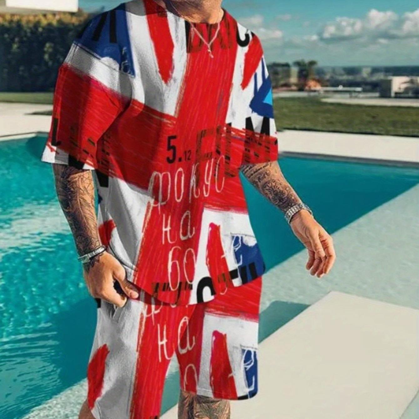 

Мужской летний повседневный спортивный комплект из двух предметов, мужская футболка с круглым вырезом с короткими рукавами и шорты на шнурке с карманами с цветными блоками 6XL