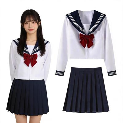 Formemory Sailor Uniform 3-Piece Set School Cosplay JK High School Girl White Long Sleeve Short Sleeve Bow Tie Pleated Skirt Kansai Collar British