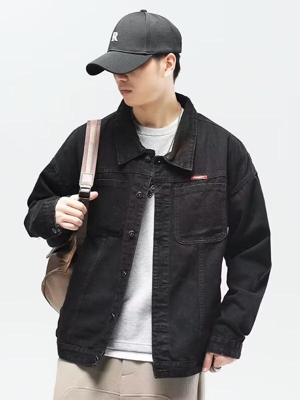 Men's Japanese Retro Denim Jacket - Turn-Down Collar, Loose Fit, American Street Style, Spring/Autumn Casual Workwear