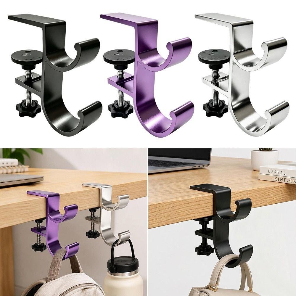 Portable Aluminum Alloy Desk Side Bag Hook Clamp-on Double-Hook Table Edge Storage Hook Heavy Duty Backpack Hanger Office
