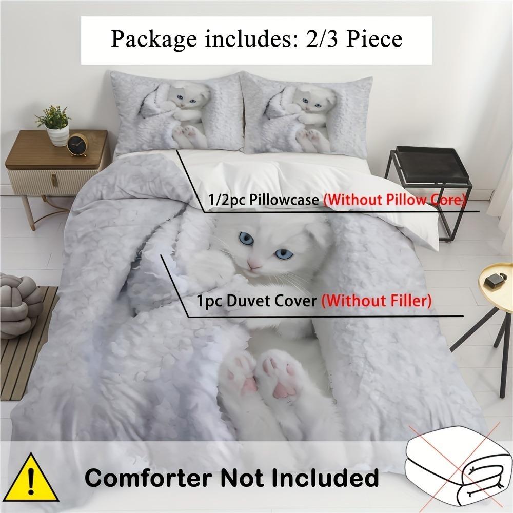 3pcs White Bedding Set Lovely Little Cat 3D Printed Warm Duvet Cover Set King Queen Twin Single Size Birthday Gift Bedroom Decor