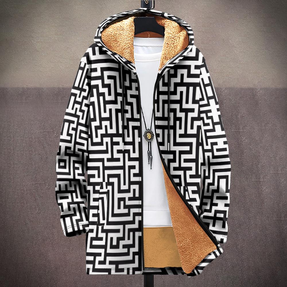 New Jacket: Multi-colored Pattern Elements, Zipper Hooded Cardigan, Thickened Winter Fleece Padded Clothes, Yellow Lining, Trendy Cotton Clothes