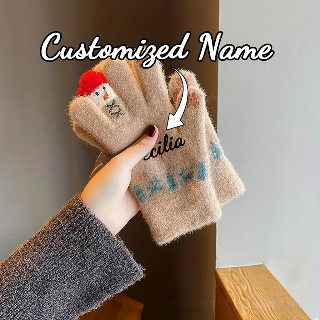 Personalized Custom Embroidered Wool Gloves For Women Winter Cute Snowman Knitted Screen Thick Warm Cycling Five Winter Cold-proof Cotton