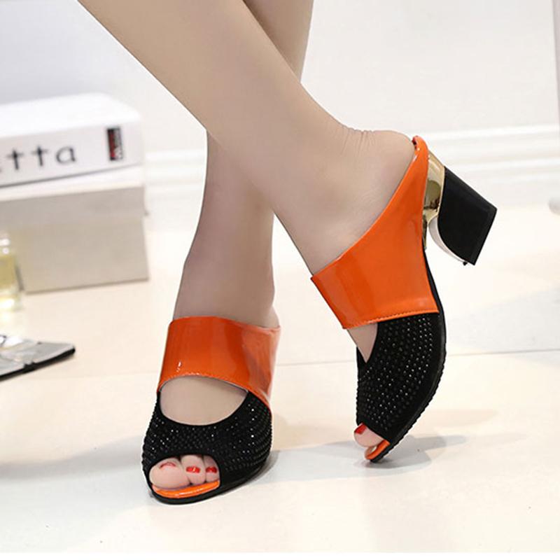 High-heeled Slippers Women's Medium-heeled Fish Mouth Slippers Thick-heeled Sandals Patent Leather Rhinestone Women's Sandals