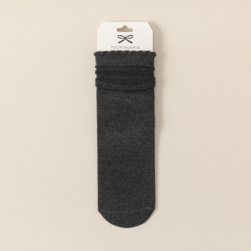 Ladies Spring and Autumn Wood Ear Lace Sports Solid Color Preppy Style Boneless Mid Barrel Pile Cotton Socks