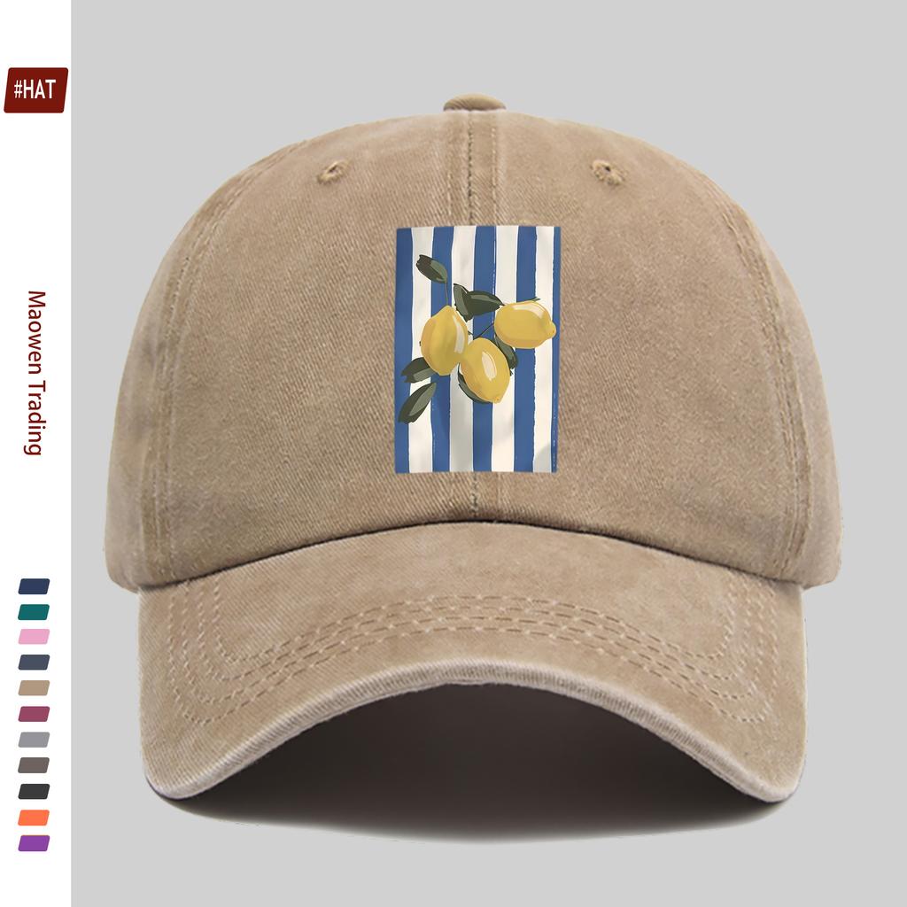 pc Striped Lemon Print Baseball Cap Home Leisure Decor Hat Fashion Trendy Printed Papa Cap Adjustable Strap MultiColor Tru