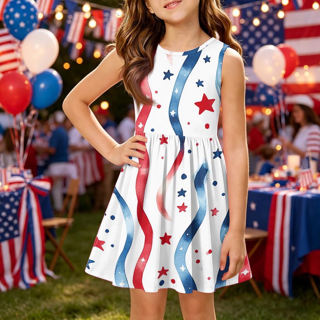 Girls' Summer Princess Dress - A-Line Vest Splice Dress Independence Day