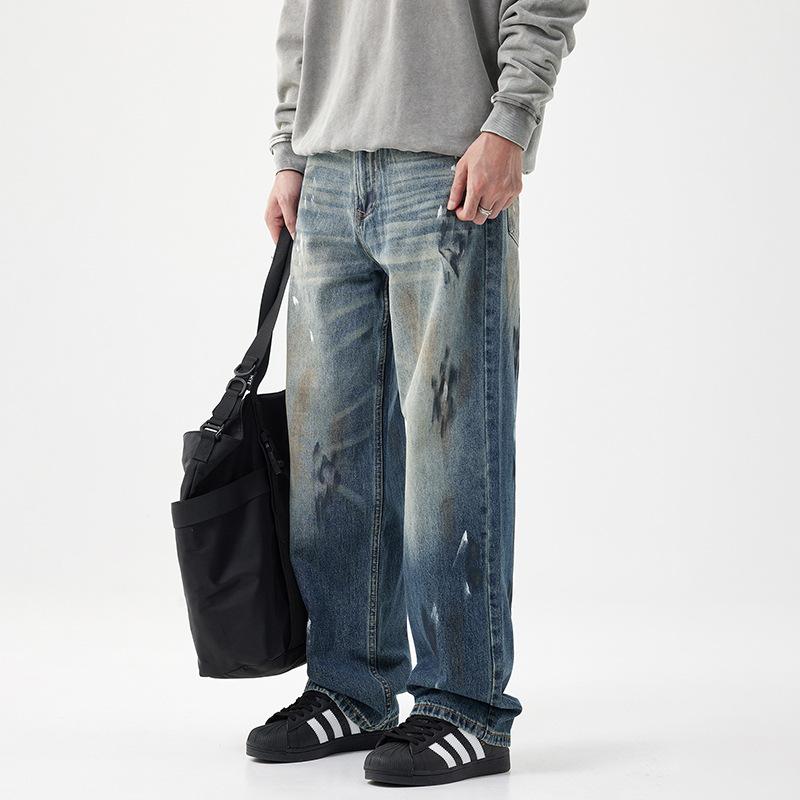 Loose version of jeans men's autumn and winter new washed old straight American street cleanfit retro jeans