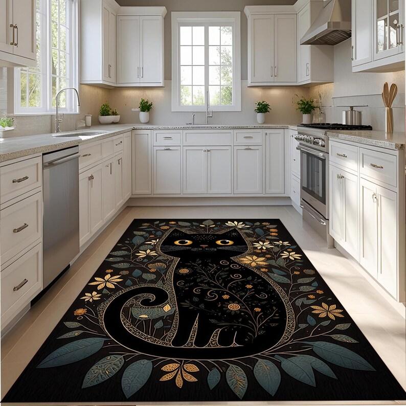 Dark Black Cat Carpet Vintage Floral Animals Print Home Decor Multiple Sizes Non-Slip Mat for Hallway Bedroom Living Room