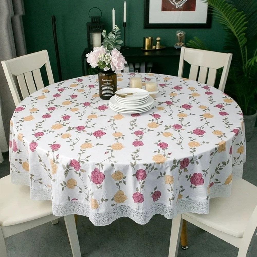 Pastoral Style PVC Tablecloth Lace Hem Oil Resistant Waterproof Tablecloth Flower Pattern Printed Design Round Table Cover