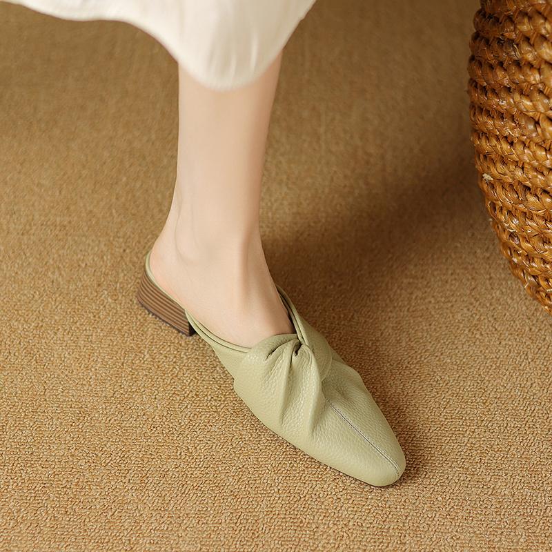 Women Mule Slippers Concise Style Simple High Heels Shoes Cow Leather Square Toe Mules 2024 New Spring Women Outdoor Slippers