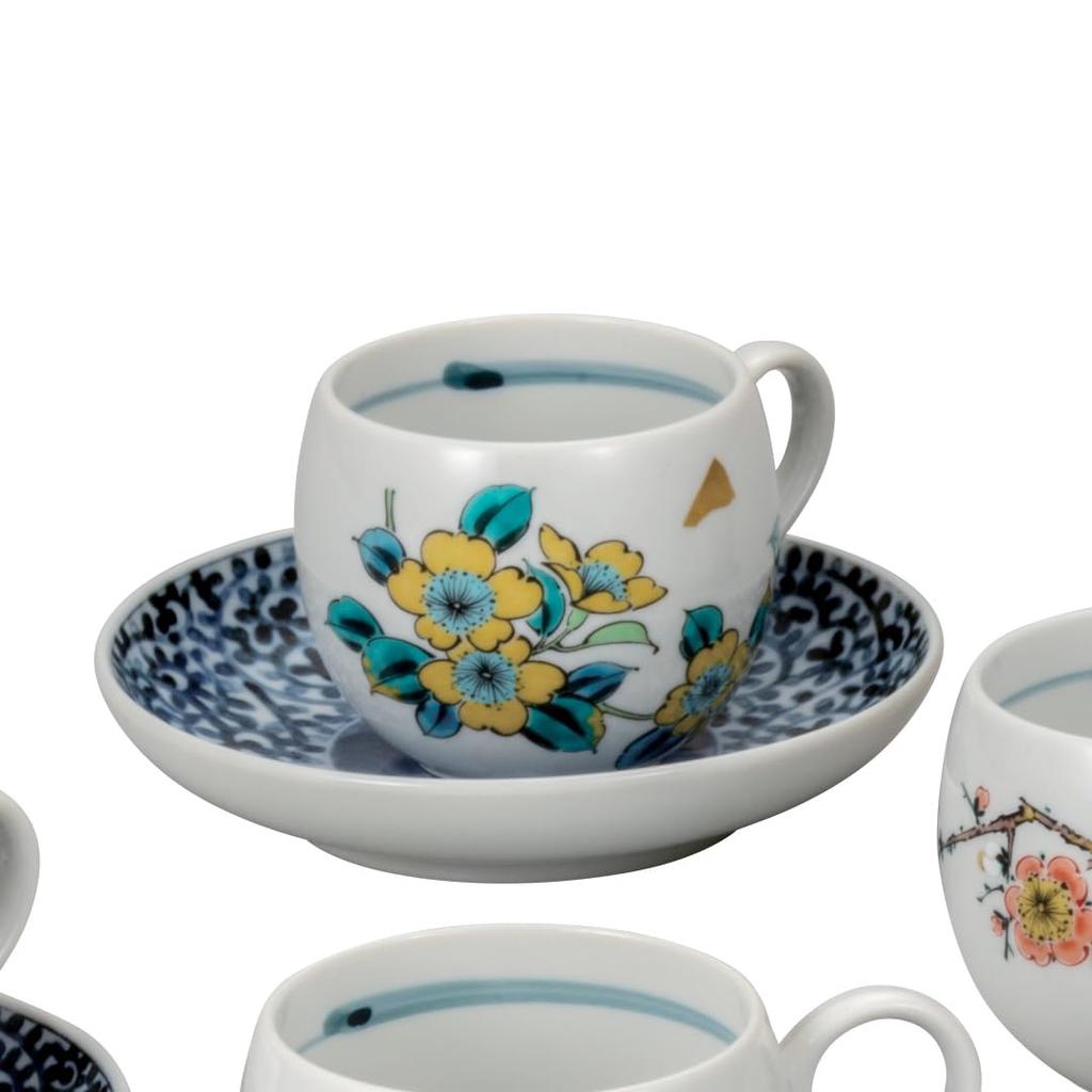 Kutani ware Iwataya coffee set with floral pattern, K8-1023