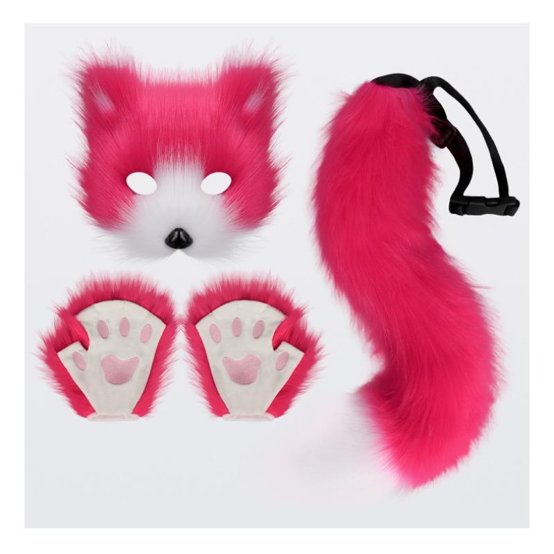 Halloween Set, Simulated Fox Mask Gloves, Plush Fox Tail, Handmade Beast Tail Cos Prop Accessories.