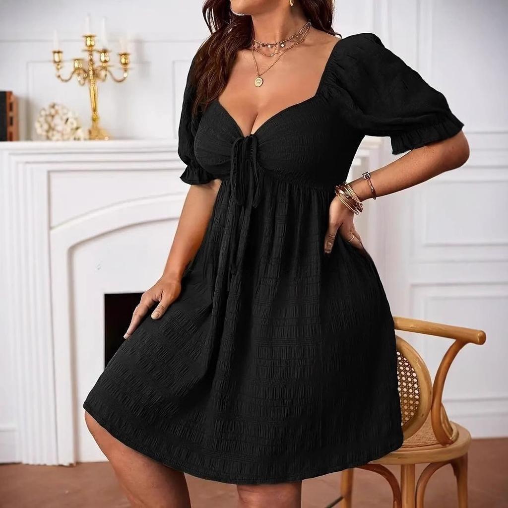 New, European and American summer fashion versatile lace-up V-neck short-sleeved dress