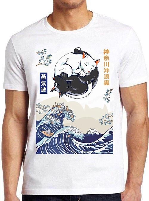 Yin Yang Cat Kitten Maneki Neko Luck The Great Wave Funny Gift Tee T Shirt M1093 XL