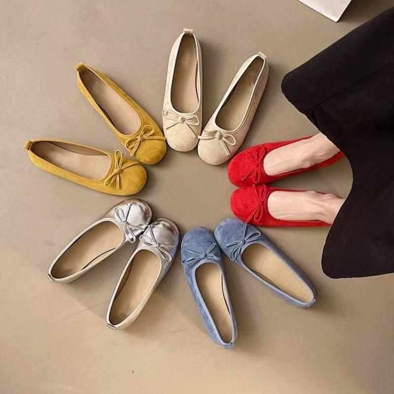 Macaron Gentle Fairy Soft Sole Ballet Shoes Light Mouth Flat Bottom Bow Frosted Velvet Round Head Single Shoes Paddle Shoes