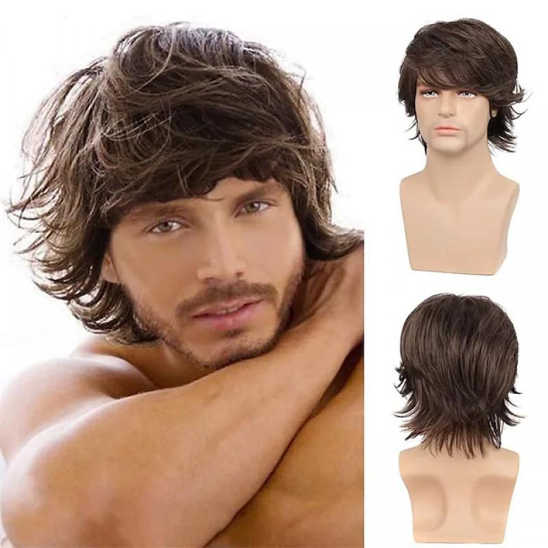 Mens Short Curly Wig With Side Swept Bangs Golden Color 12 Inch Synthetic Hairpiece Daily Wear