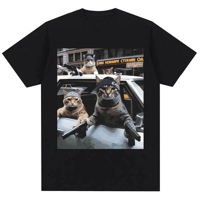 Funny Cat Gang Meme Graphic T Shirt Vintage Novelty Trend Men Women Short Sleeve Oversized Cotton Casual Tee Shirts Streetwear