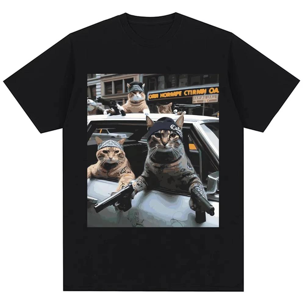 Funny Cat Gang Meme Graphic T Shirt Vintage Novelty Trend Women Short Sleeve Oversized Cotton Tee Shirts Streetwear