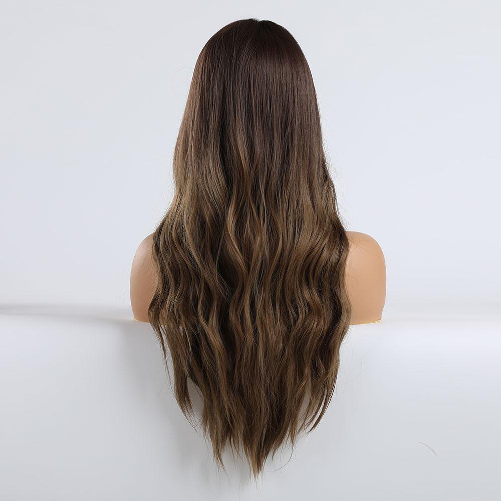 Long Brown Ombre Synthetic HairTypeWigs for Women Hair Wavy Middle Part Female Cosplay Party Daily UseHeat Resistant