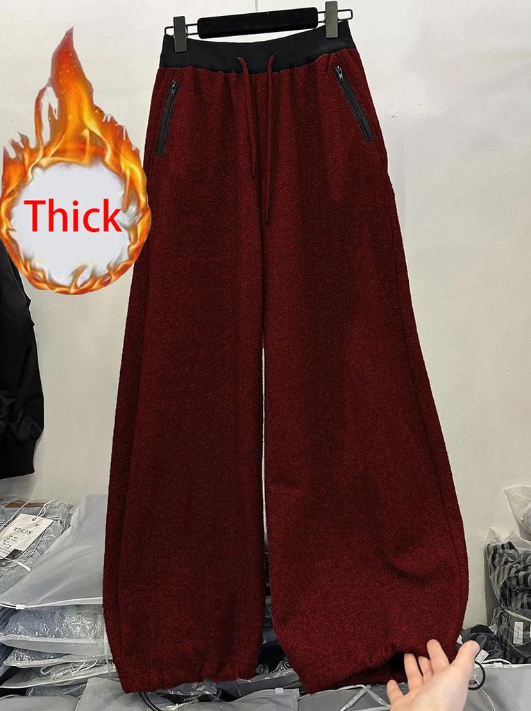 Winter Thick Sickle Pants Women High Waist Streetwear Patchwork Straight Pants Y2K Loose Casual Drawstring Wide Leg Trousers