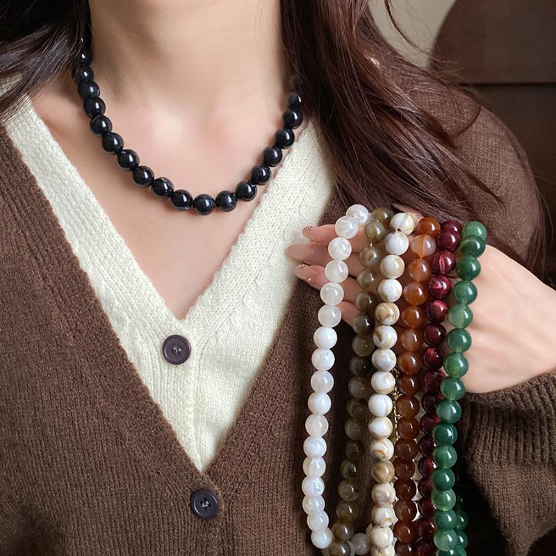 Colorful Elegant Bead Collarbone Chain Vintage Round Acrylic Bead Choker Delicate Neck Accessory for Prom Wear