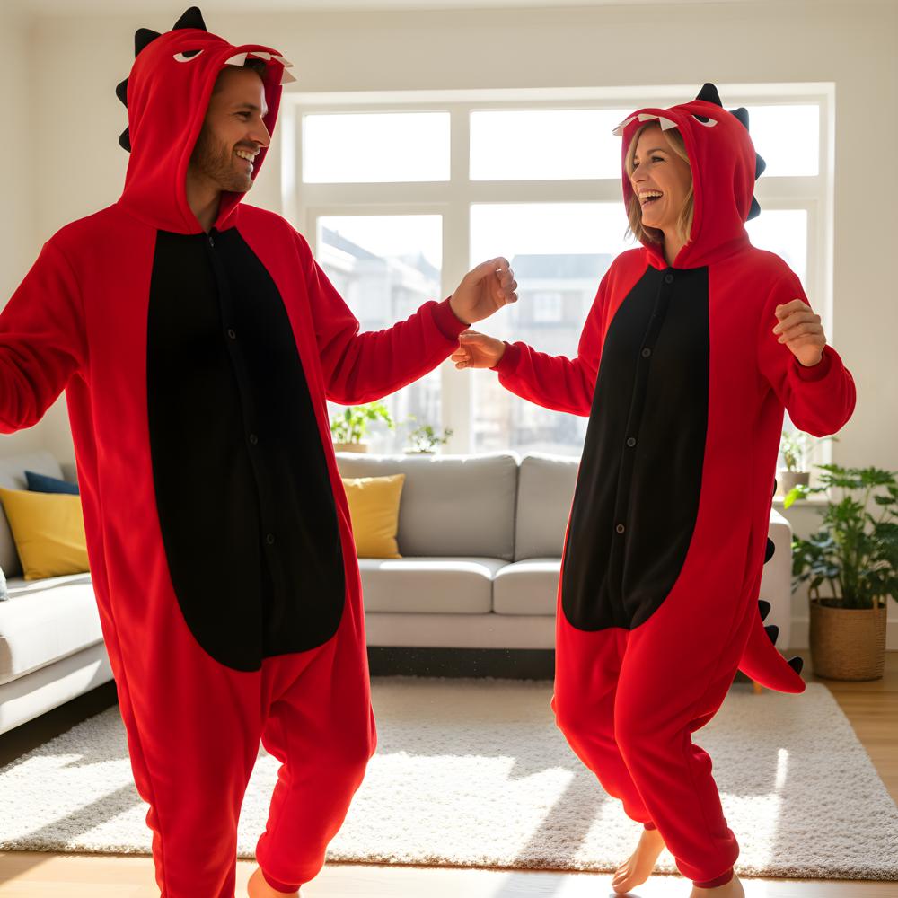 Pyžamo Onesie Kigurumi Kostým Převlek Červený Dinosaurus S: 145 - 155 cm