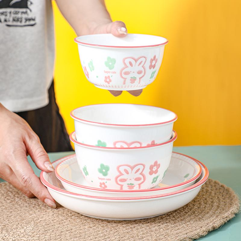 4-Piece Pink Rabbit Ceramic Tableware Set for Couples with Bowls, Plates, and Chopsticks.