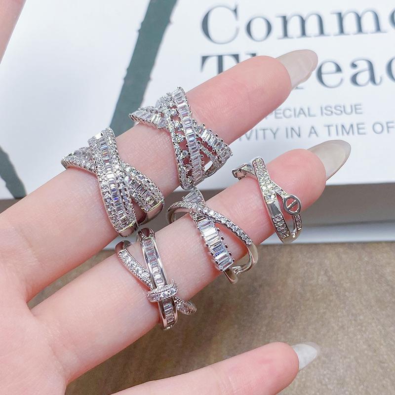 Light Luxury Cross High-End Feeling Full Of Diamonds, Zir*****Pen Ring, Female Geometry Super Flash Exquisite Stacking Ring