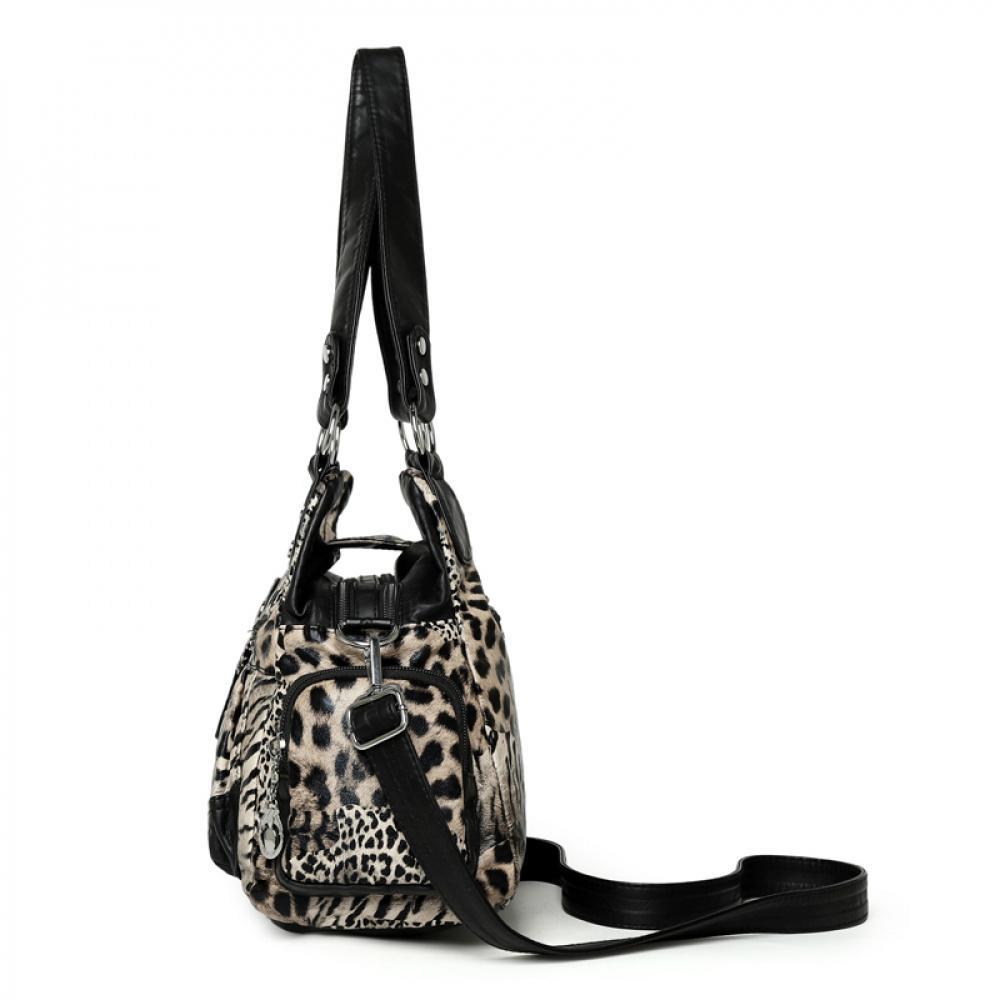 Leopard Print PU Leather Women Handbag Heart Ornament Multi Zipper Pockets Large Capacity Casual Shoulder Crossbody Bag