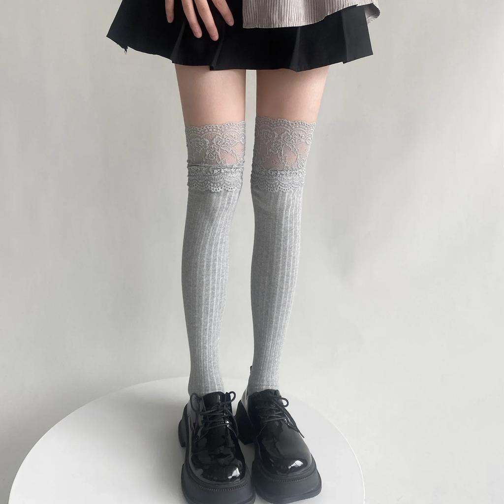 Japanese Fashion Autumn Winter Women Stockings Solid Color Thigh High Socks Lolita Lacework Knee High Socks Thigh High Stockings