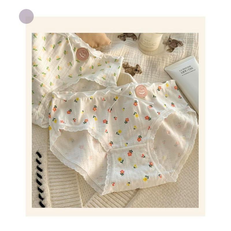 Floral Antibacterial Pure Cotton Panties with Breathable Waist and Buttocks Triangle Women’s Panties
