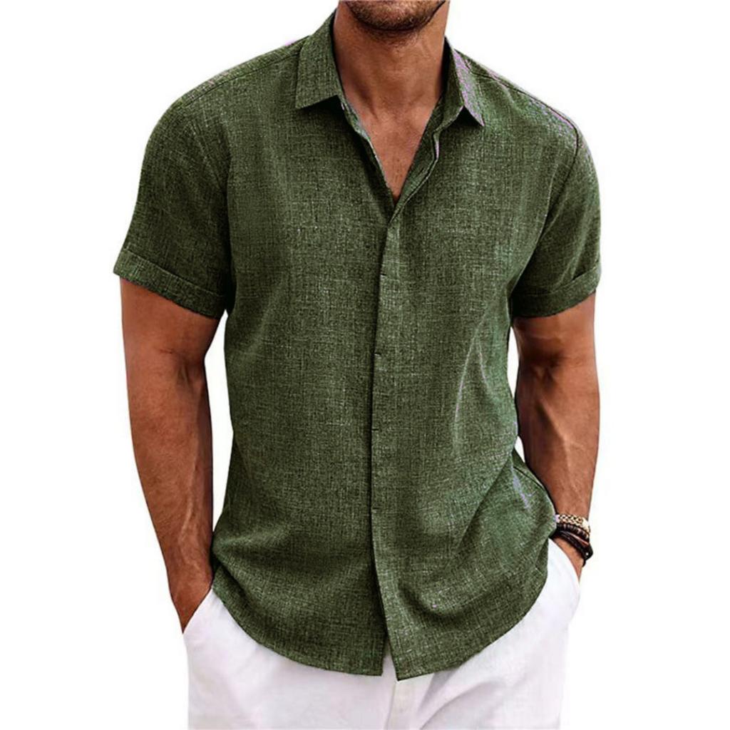 Men's Casual -color Loose Short-sleeved T-shirt Shirt - Men's Cotton And Linen Collar Short-sleeved Top