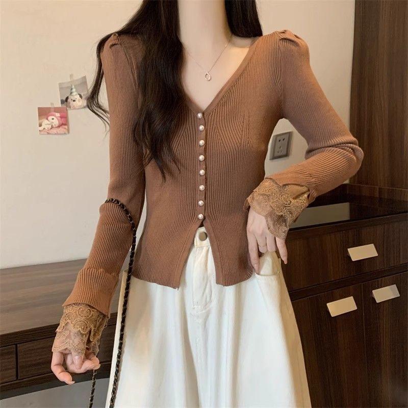 Private Lady Knit Cardigan With Lace Splicing And Princess Sleeves For Spring Wear