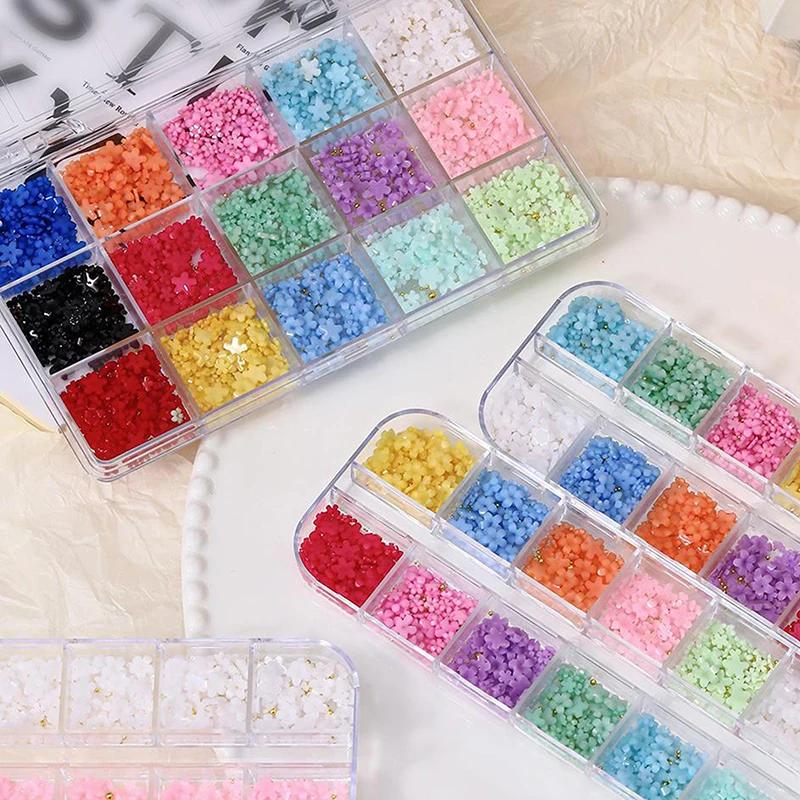 12/15 Grids 3D Flower Nail Art Decoration Colorful Resin 5-Petal Flower Nail Charms Luxury Rhinestones Manicure DIY Accessories