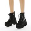 Fashion Retro Gothic Style Embroidered Flower Boots Women Platform Wedge Black Suede Heel Thick Bottom Ankle Boots With Zipper