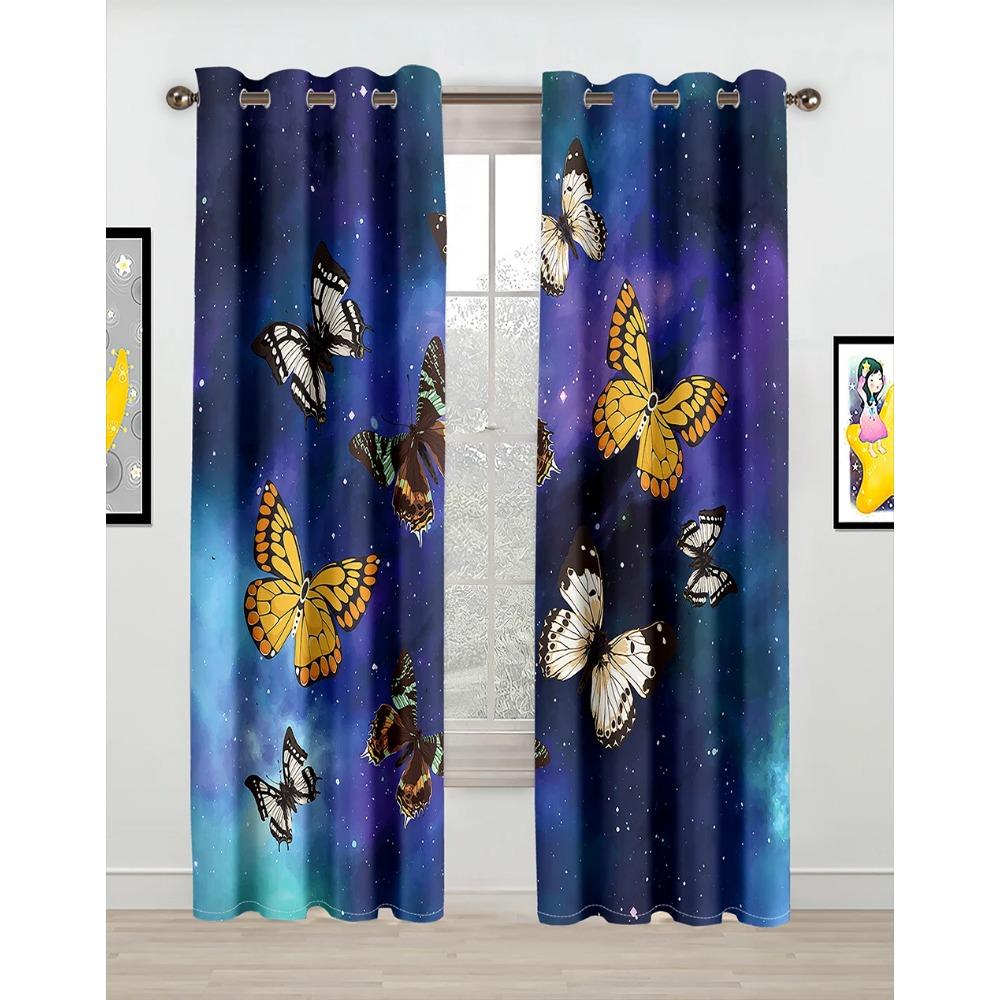 Modern Colorful Design Blue Butterfly Flower 2 Pieces Thin Shading Window Drape Curtains for Living Room Bedroom Home Decor Hook