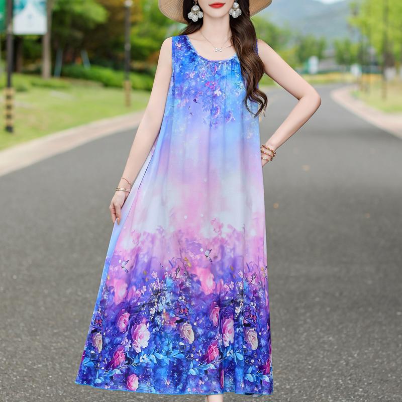 Damen Sommerkleid Vintage Kleidung Lässig Ärmellos Lange Kleider